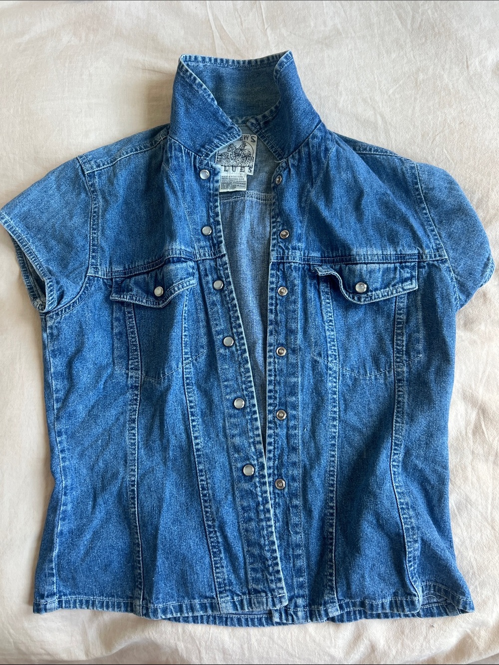 Vintage Blue Denim Button-Front Cap Sleeve Shirt